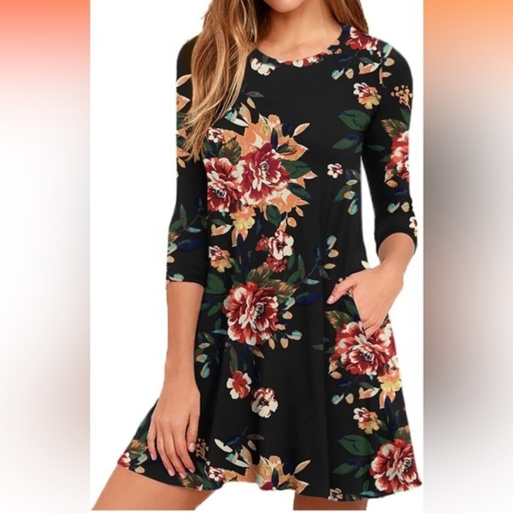 VIISHOW Womens Round Neck 3/4‎ Sleeves A-line Casual Tshirt Dress with Pocket
